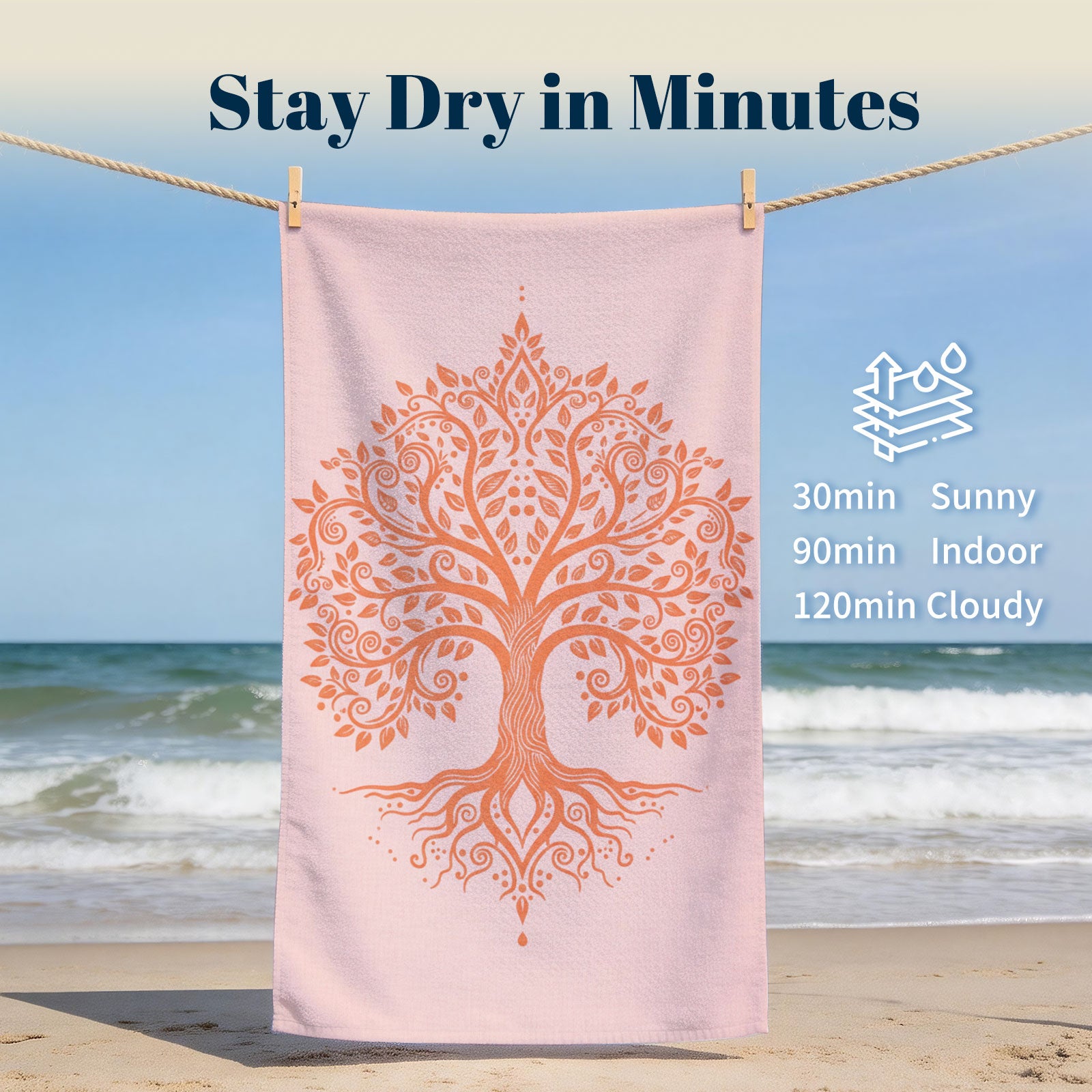 Coral Boho Mandala Beach Towel Peach Line Art Quick Dry Summer Gift