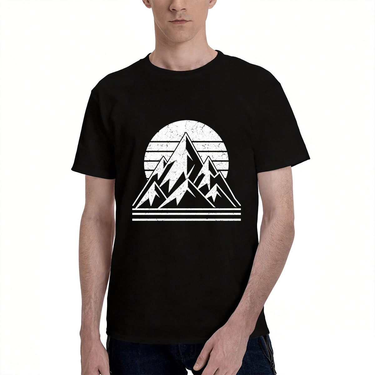 Men's Cotton Retro Mountain Sun Graphic T-Shirt Casual Outdoor Adventure Short Sleeve Tee