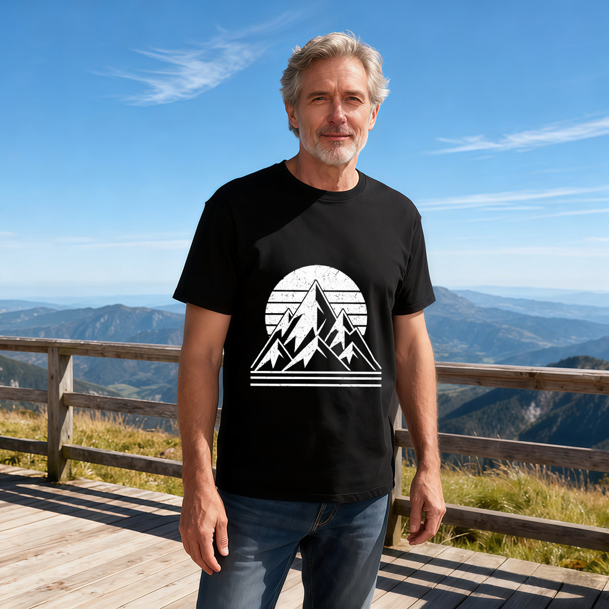 Men's Cotton Retro Mountain Sun Graphic T-Shirt Casual Outdoor Adventure Short Sleeve Tee