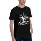 Men's Cotton Compass Rose and Ocean Waves Graphic Tee Casual Round Neck Summer T-Shirt