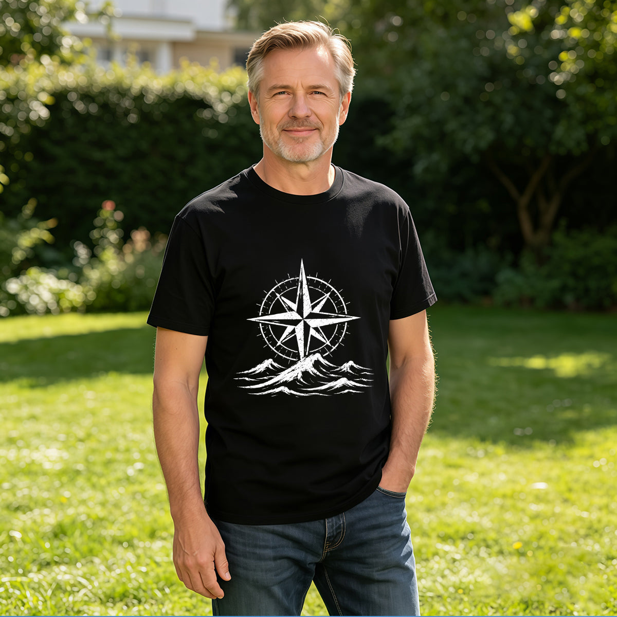 Men's Cotton Compass Rose and Ocean Waves Graphic Tee Casual Round Neck Summer T-Shirt