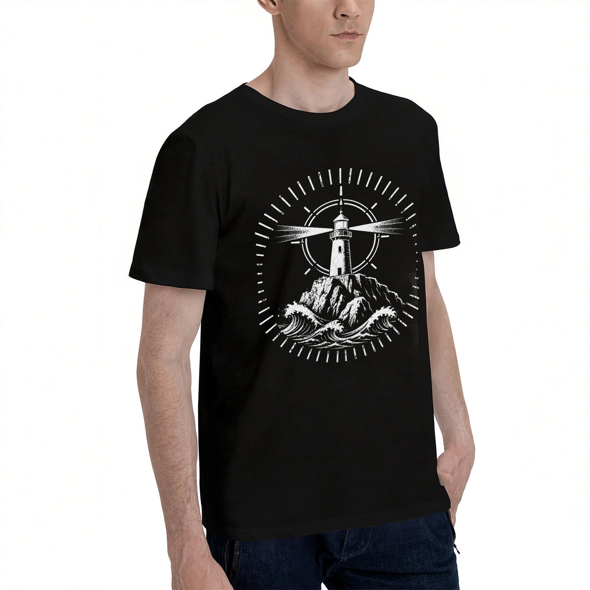 Men's Cotton Vintage Lighthouse Graphic Short Sleeve T-Shirt for Coastal Casual Wear