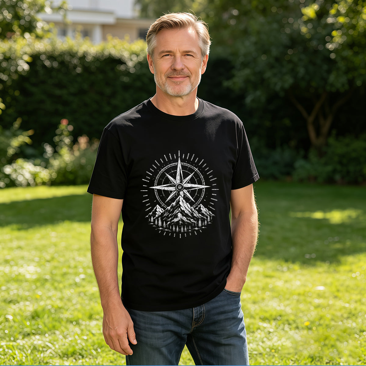 Men's Premium Cotton Compass Mountain Graphic Tee Casual Outdoor Adventure Short Sleeve T-Shirt