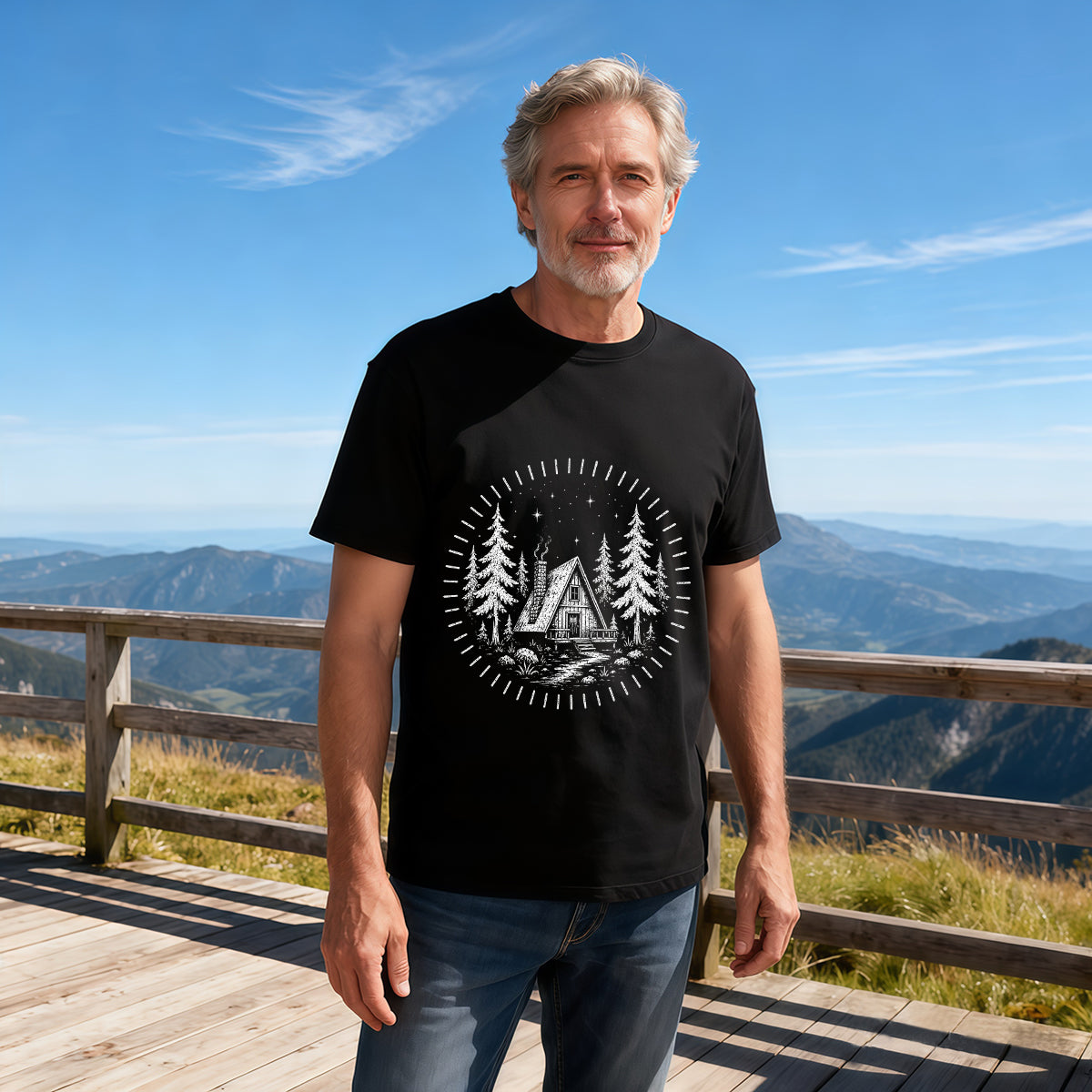 Men's Premium Cotton Compass Mountain Graphic Tee Casual Outdoor Adventure Short Sleeve T-Shirt