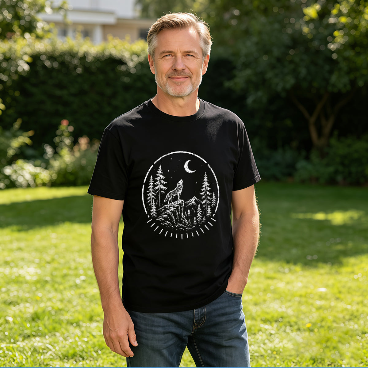 Men's Premium Cotton Howling Wolf Moon Forest Graphic Tee Casual Short Sleeve T-Shirt