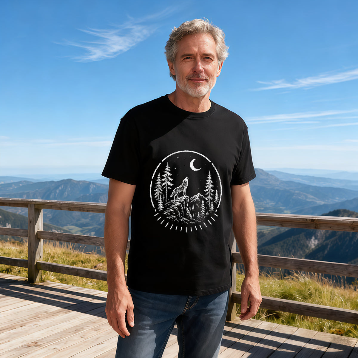 Men's Premium Cotton Howling Wolf Moon Forest Graphic Tee Casual Short Sleeve T-Shirt
