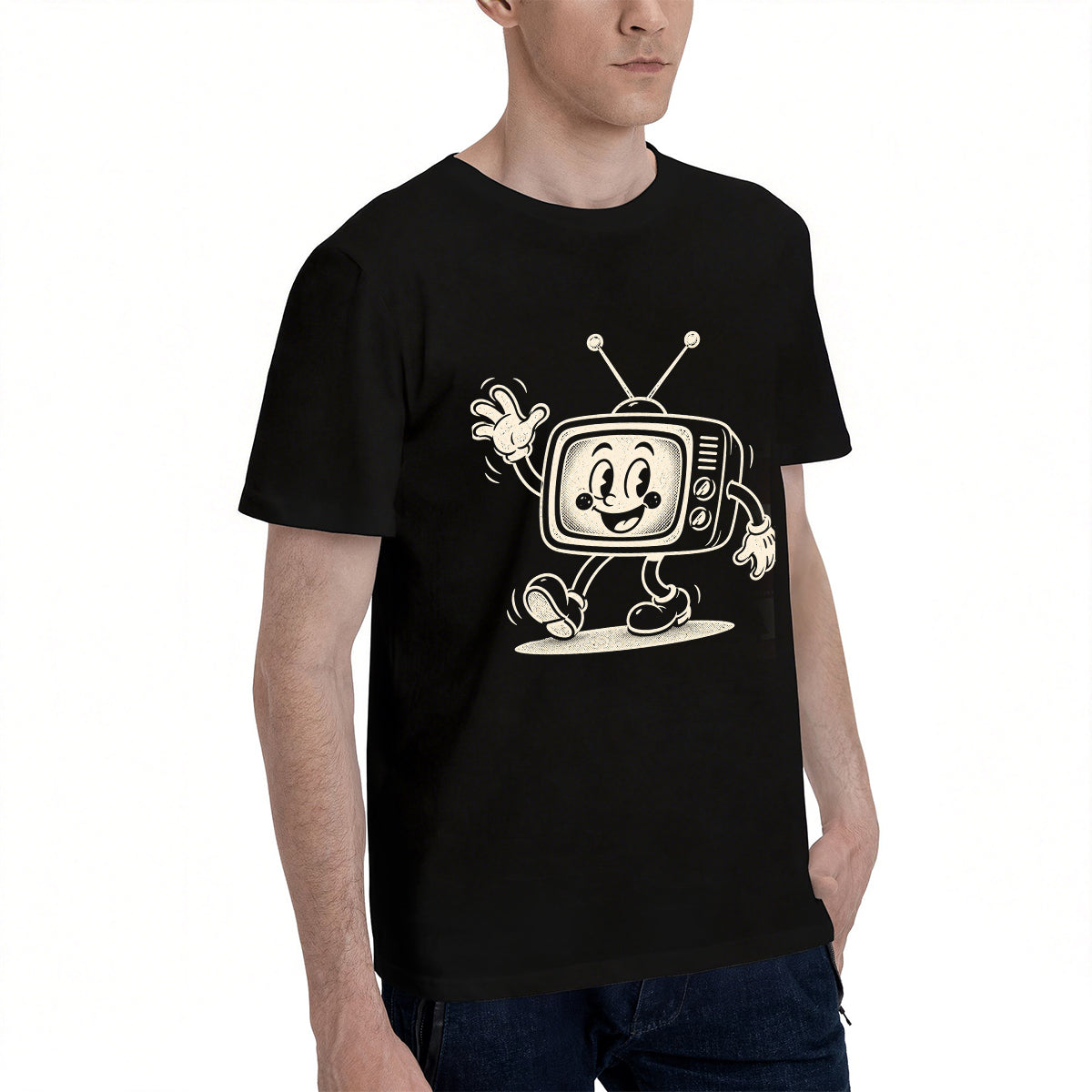 Men's Premium Cotton Retro Cartoon Record Player Graphic T-Shirt Vintage Music Style Tee