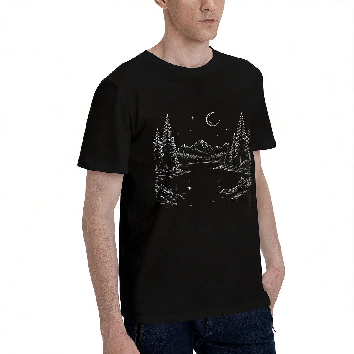 Men's Premium Cotton Nature Landscape Graphic T-Shirt Mountain Night Sky Casual Tee