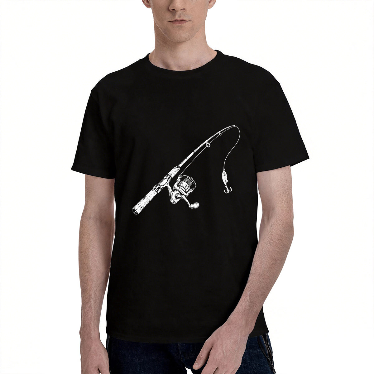 Men's Cotton Fishing Rod Graphic Crew Neck T-Shirt for Outdoor Casual Summer Wear