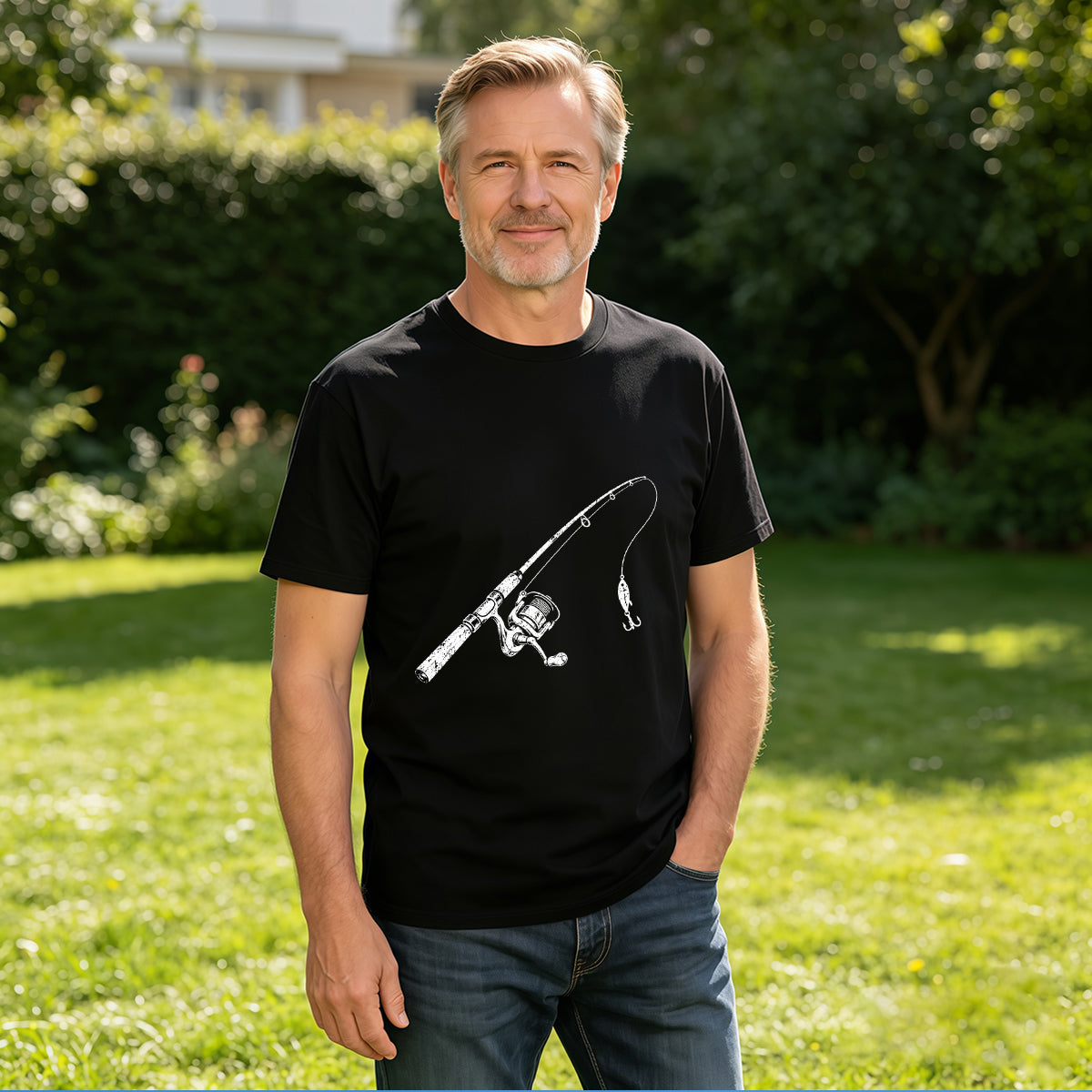 Men's Cotton Fishing Rod Graphic Crew Neck T-Shirt for Outdoor Casual Summer Wear