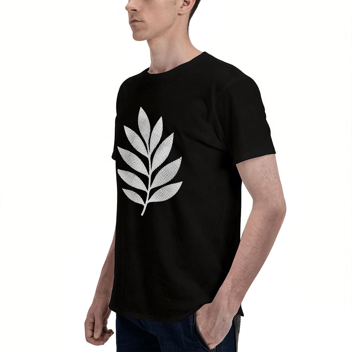 Men's Premium Cotton Minimalist White Leaf Graphic Black T-Shirt for Casual Daily Wear