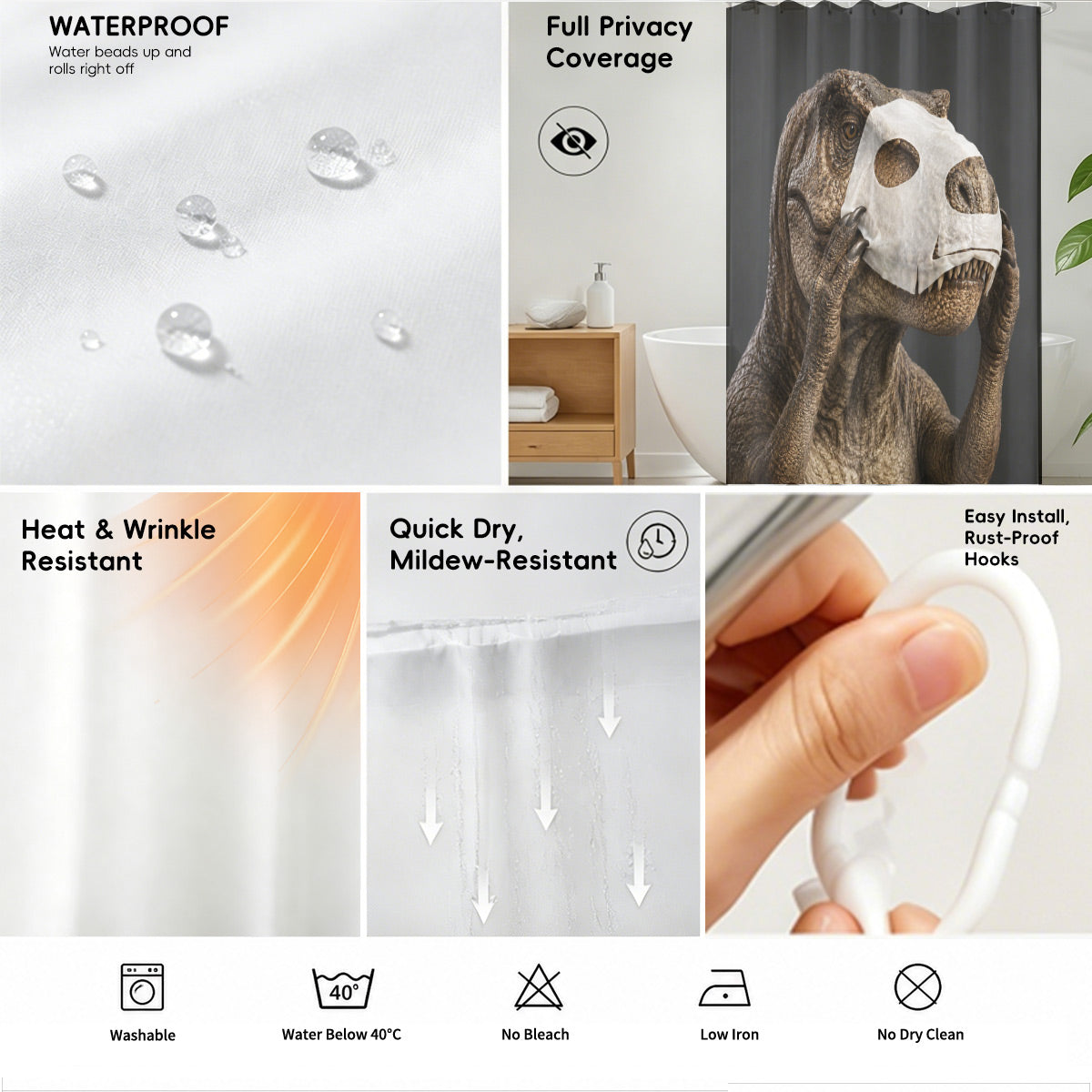 Funny Dinosaur Shower Curtain Realistic Bathroom Humor Waterproof Decor