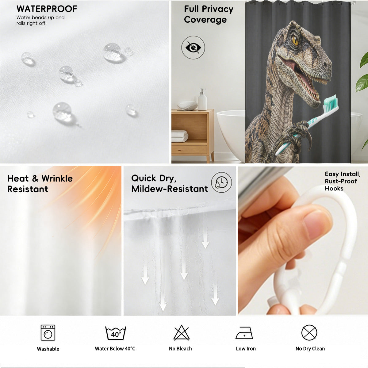 Funny Dinosaur Shower Curtain Realistic Bathroom Humor Waterproof Decor