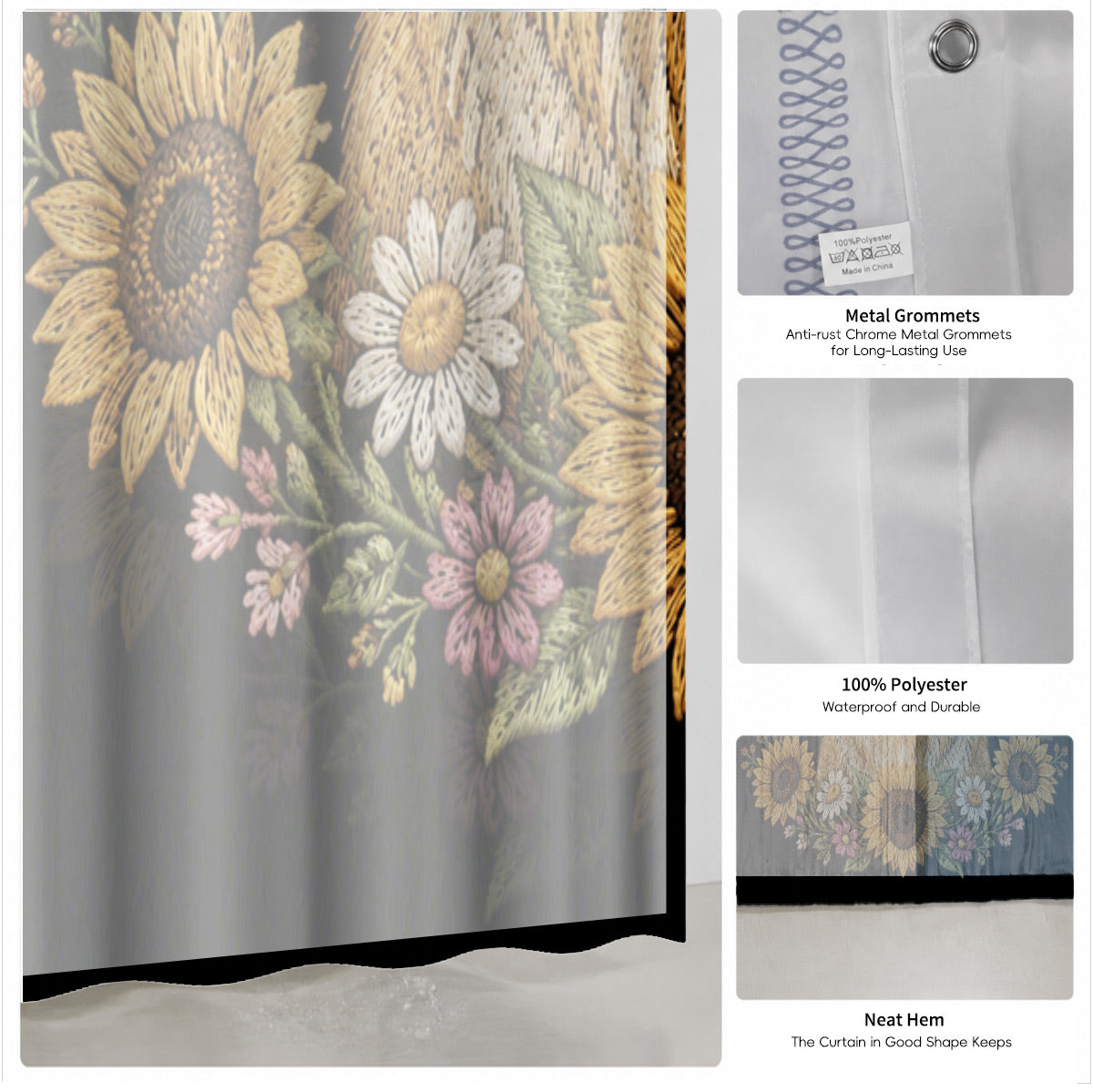 Floral Dog Cat Shower Curtain Vintage Embroidery Style Waterproof Decor