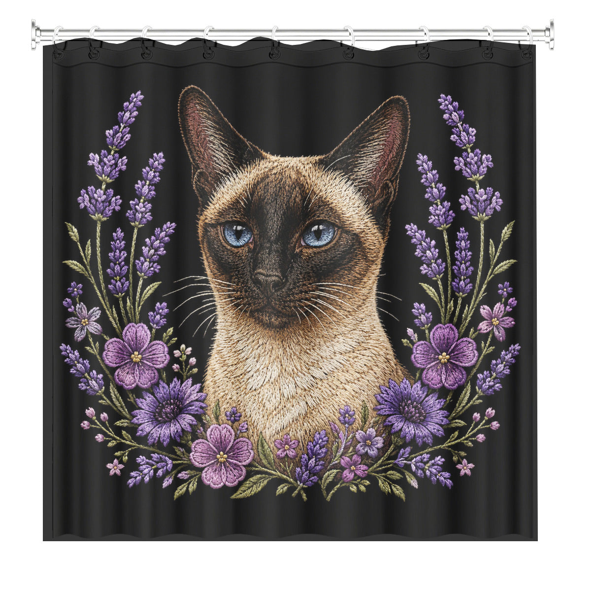 Floral Dog Cat Shower Curtain Vintage Embroidery Style Waterproof Decor