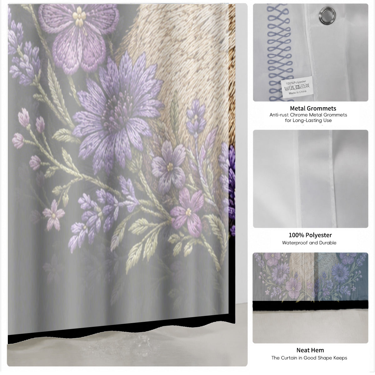 Floral Dog Cat Shower Curtain Vintage Embroidery Style Waterproof Decor