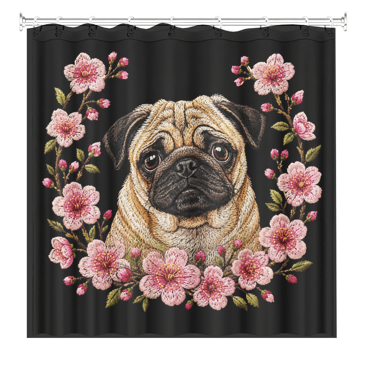 Floral Dog Cat Shower Curtain Vintage Embroidery Style Waterproof Decor