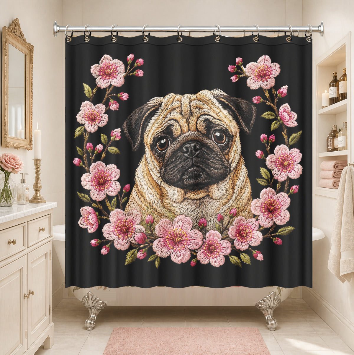 Floral Dog Cat Shower Curtain Vintage Embroidery Style Waterproof Decor