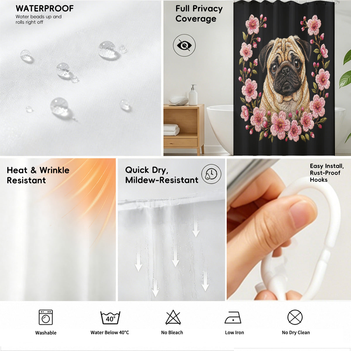 Floral Dog Cat Shower Curtain Vintage Embroidery Style Waterproof Decor