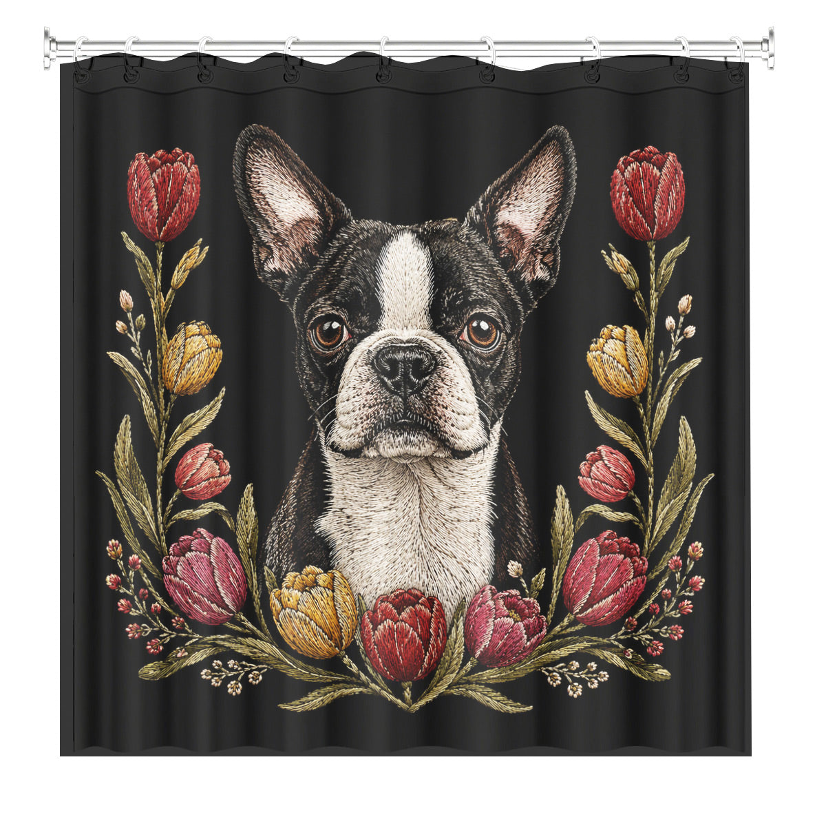 Floral Dog Cat Shower Curtain Vintage Embroidery Style Waterproof Decor