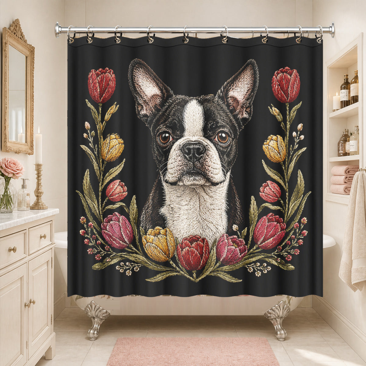 Floral Dog Cat Shower Curtain Vintage Embroidery Style Waterproof Decor