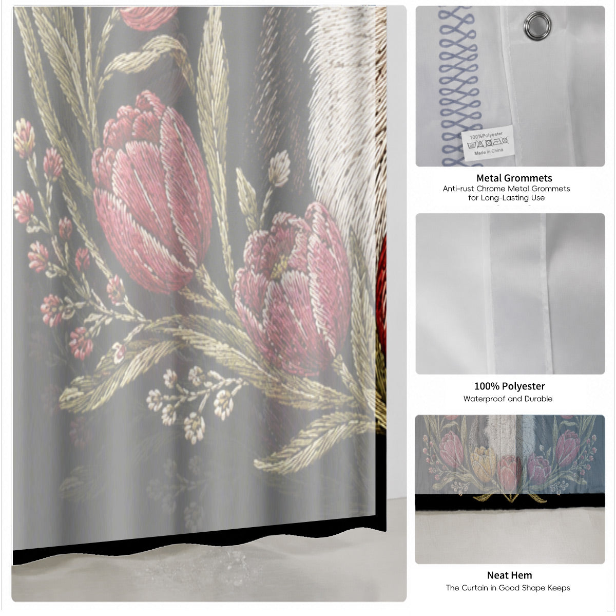 Floral Dog Cat Shower Curtain Vintage Embroidery Style Waterproof Decor