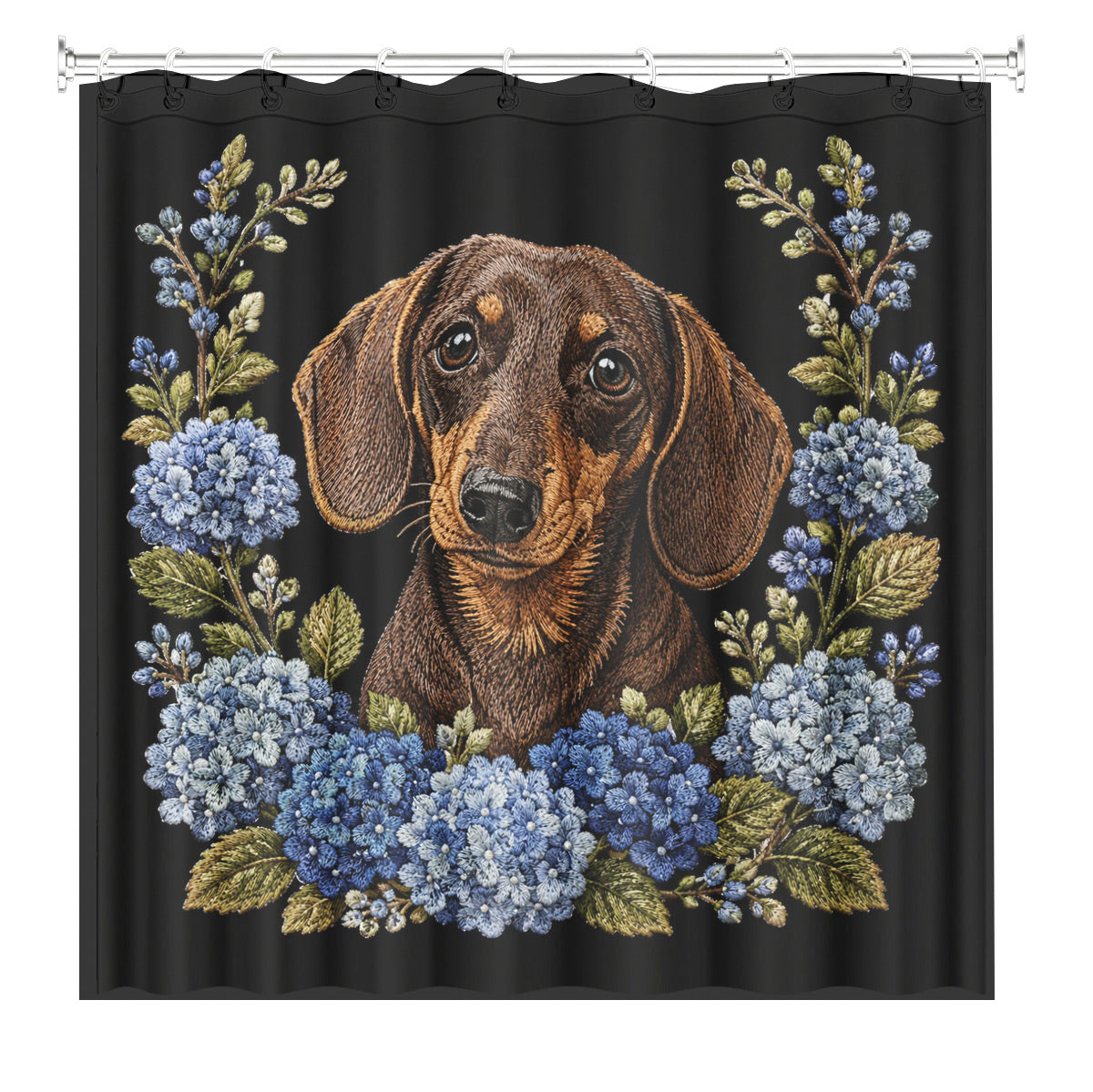 Floral Dog Cat Shower Curtain Vintage Embroidery Style Waterproof Decor