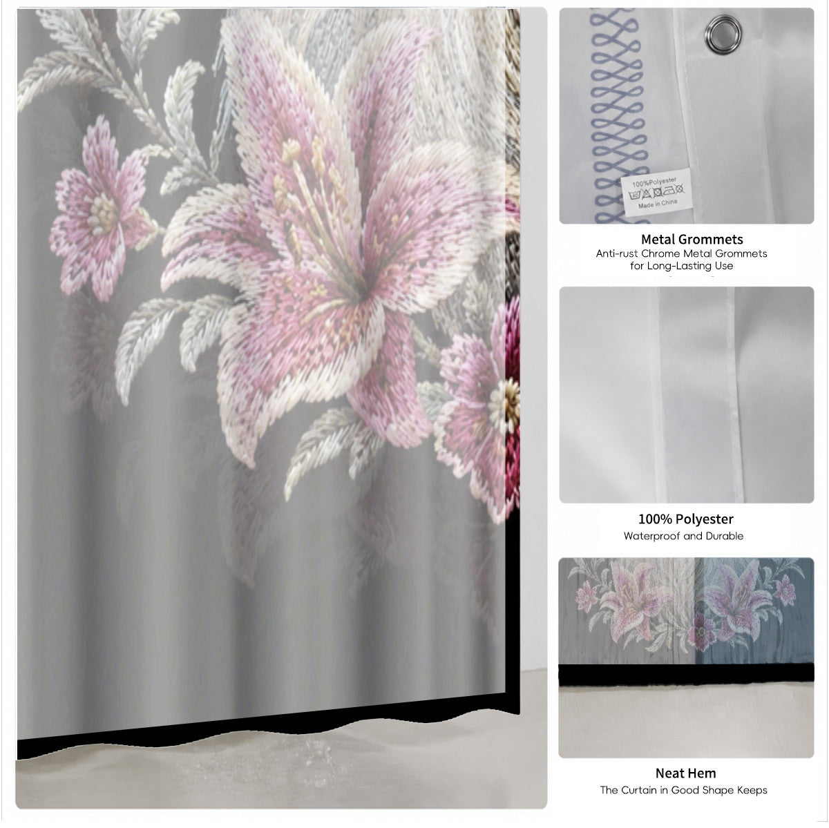 Floral Dog Cat Shower Curtain Vintage Embroidery Style Waterproof Decor