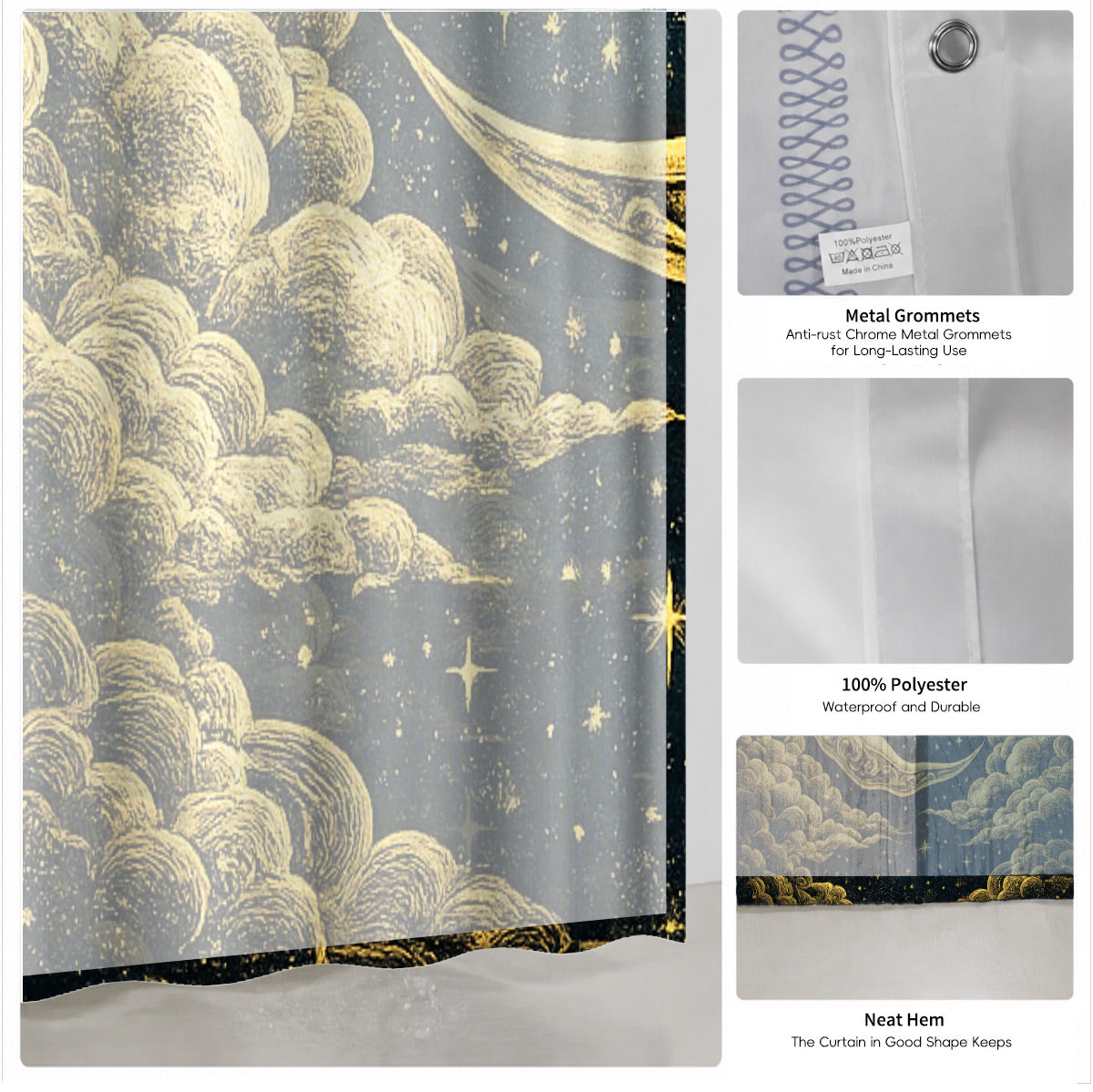 Vintage Celestial Shower Curtain Gold Black Etched Art Waterproof Bathroom Decor