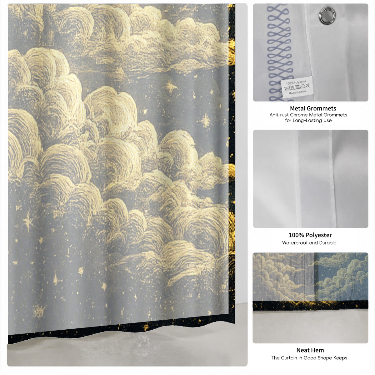 Vintage Celestial Shower Curtain Gold Black Etched Art Waterproof Bathroom Decor