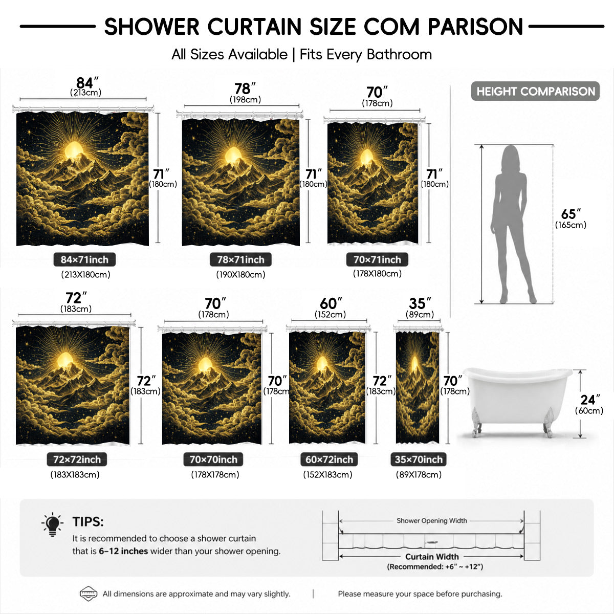 Vintage Celestial Shower Curtain Gold Black Etched Art Waterproof Bathroom Decor