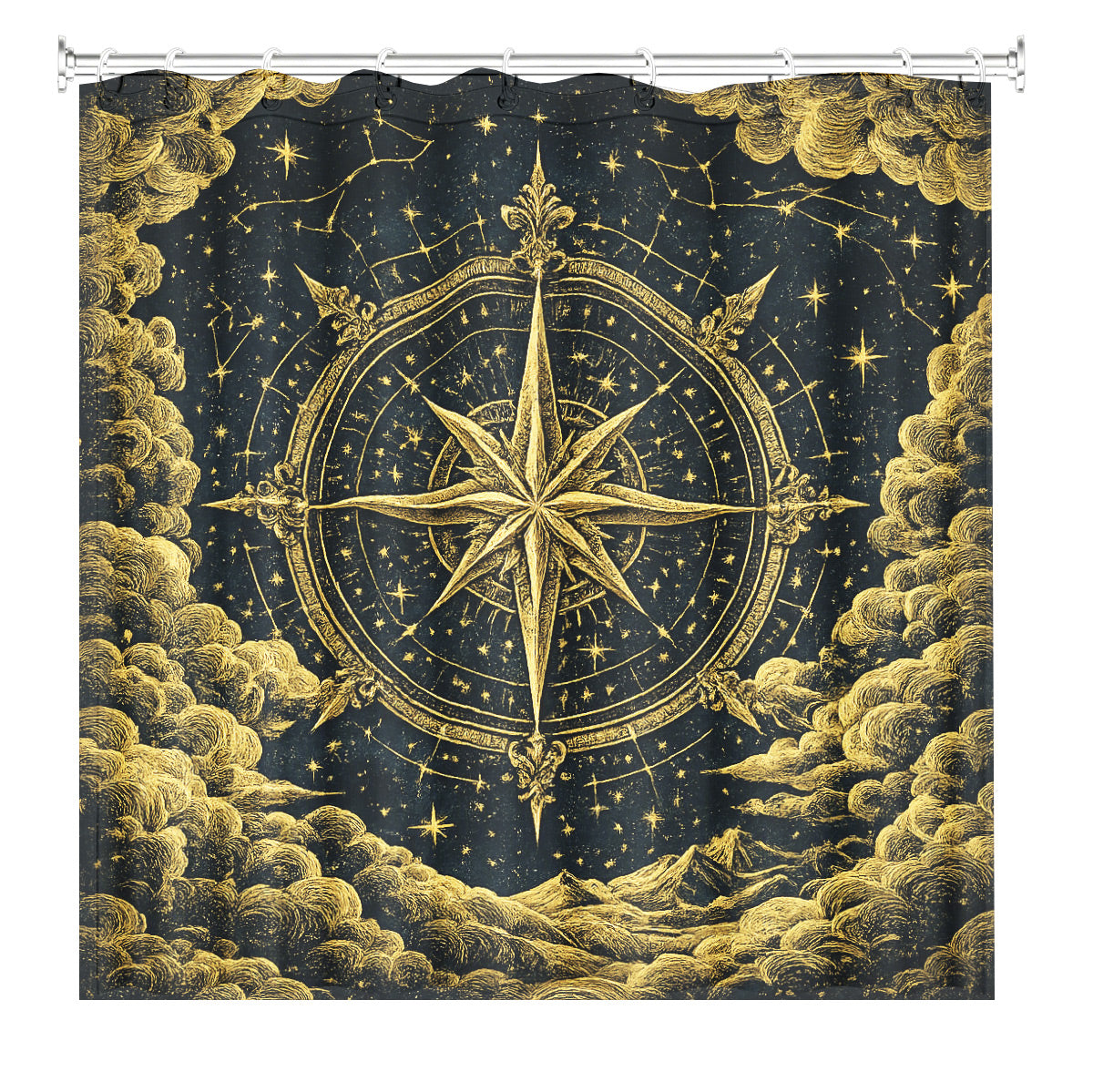 Vintage Celestial Shower Curtain Gold Black Etched Art Waterproof Bathroom Decor