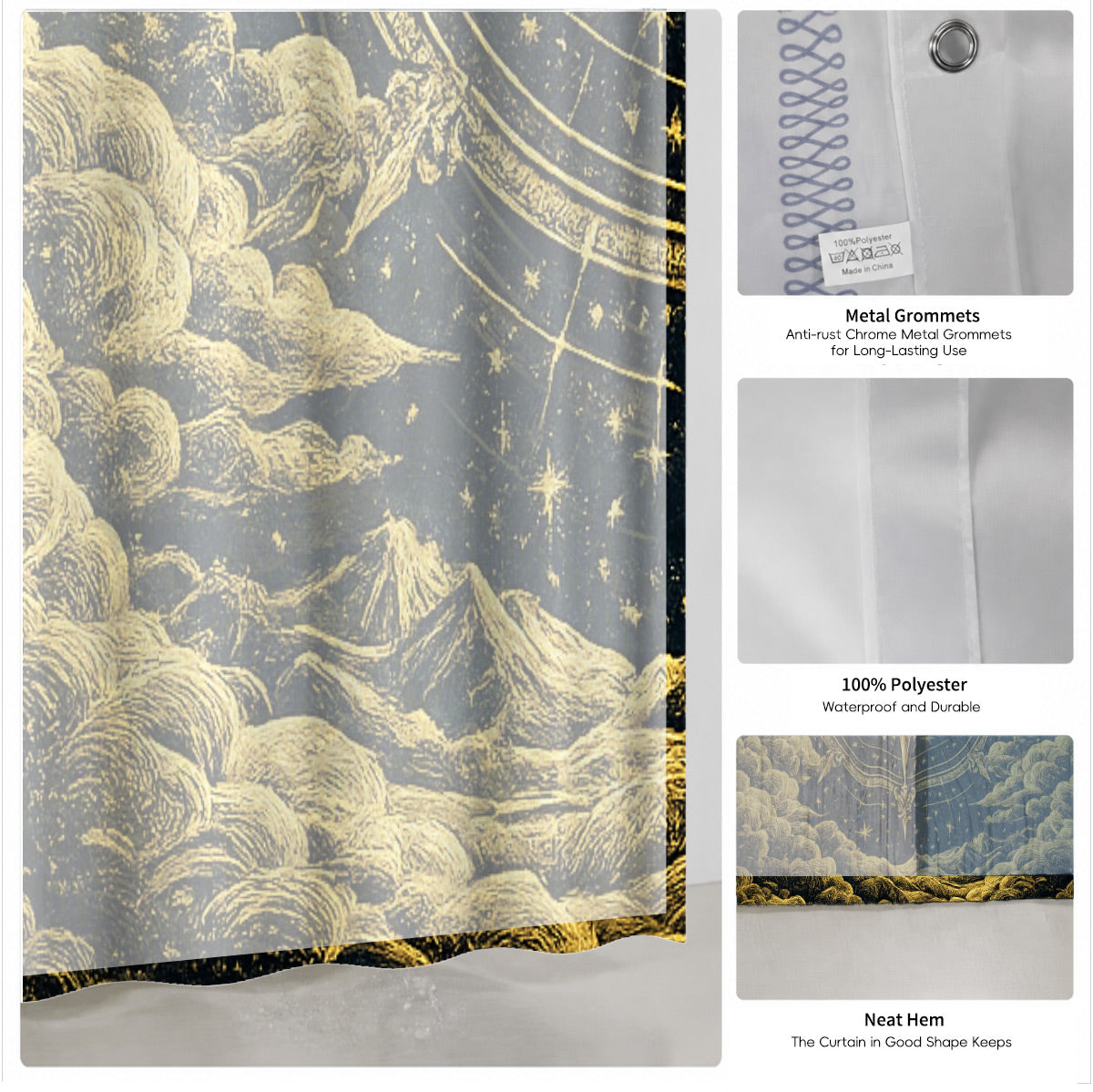 Vintage Celestial Shower Curtain Gold Black Etched Art Waterproof Bathroom Decor