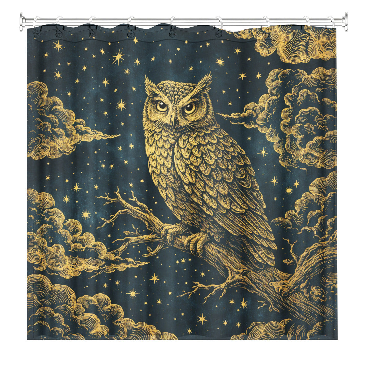 Vintage Celestial Shower Curtain Gold Black Etched Art Waterproof Bathroom Decor