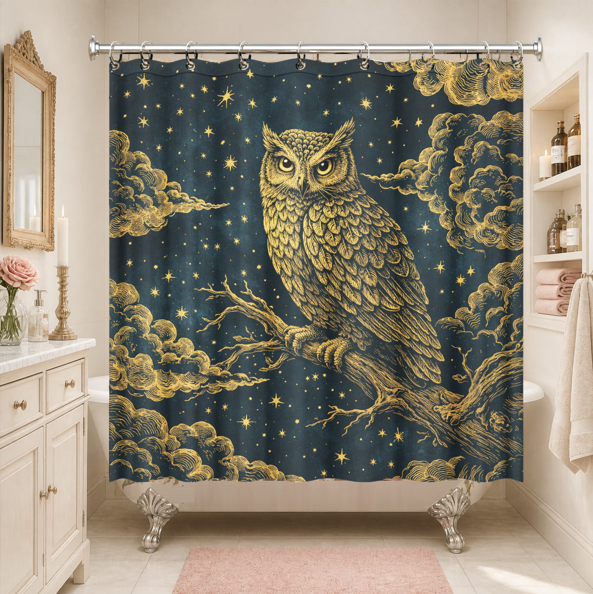 Vintage Celestial Shower Curtain Gold Black Etched Art Waterproof Bathroom Decor