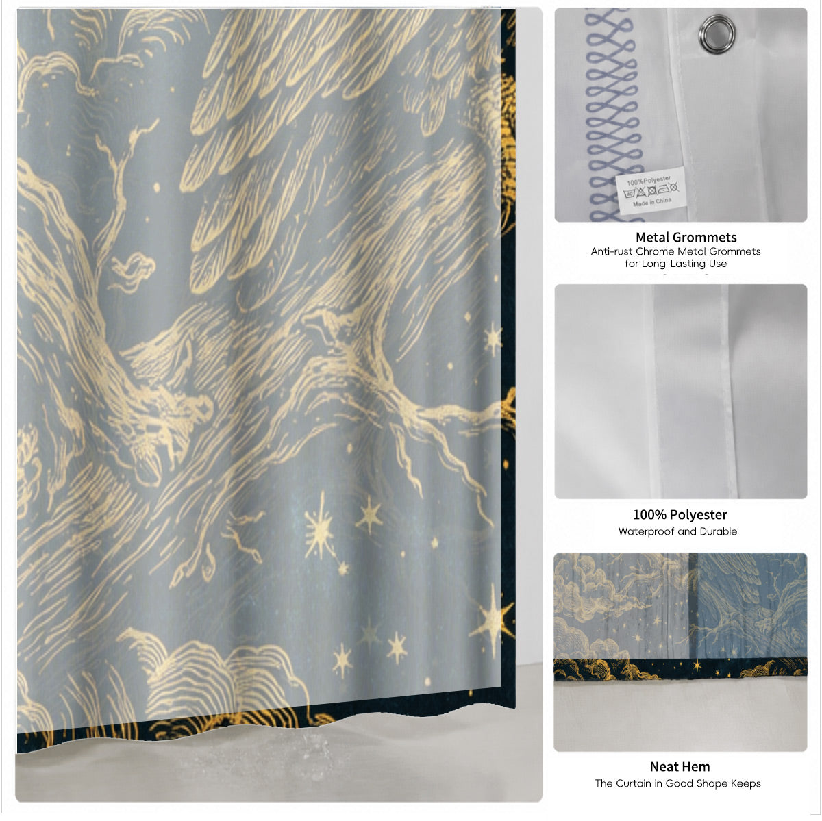 Vintage Celestial Shower Curtain Gold Black Etched Art Waterproof Bathroom Decor