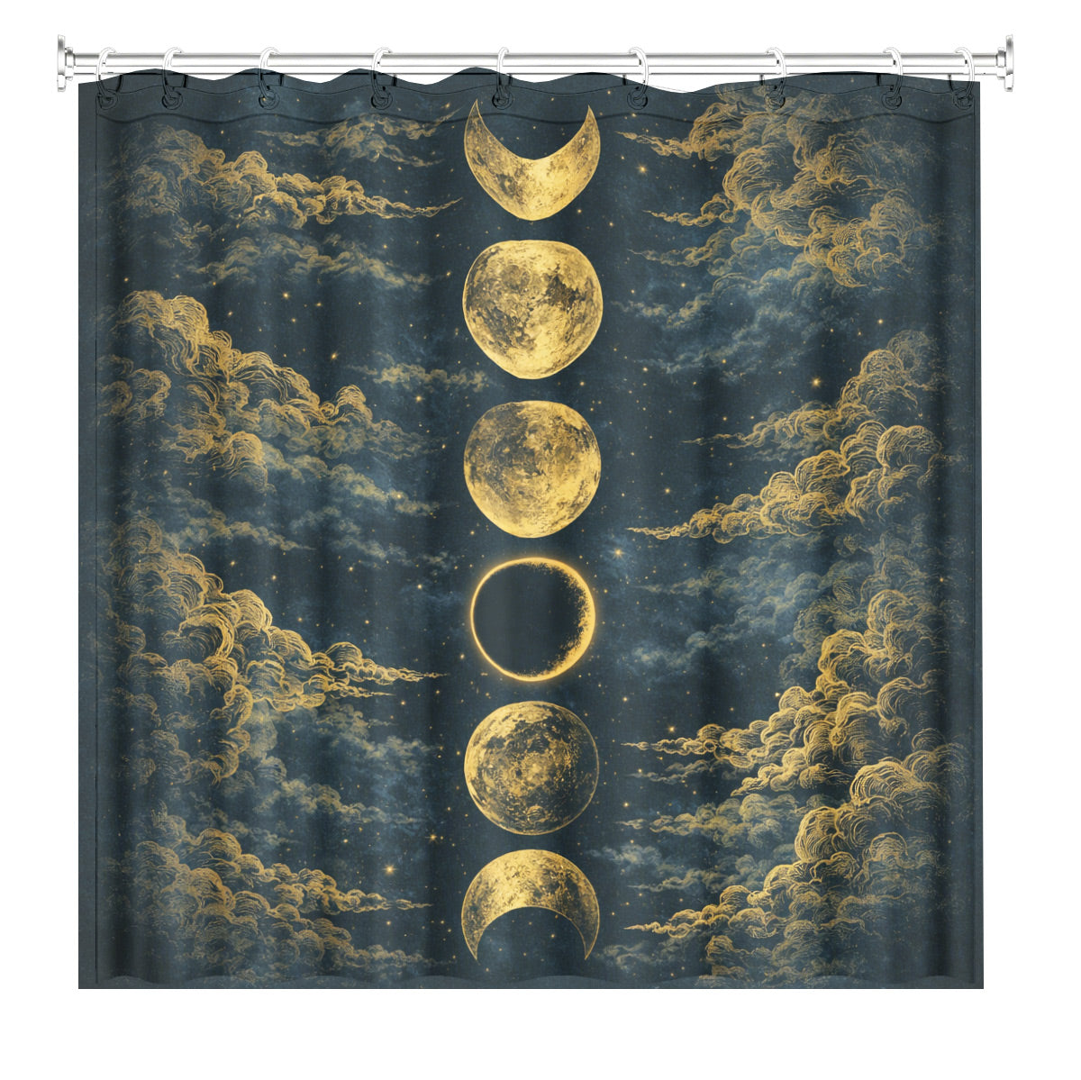 Vintage Celestial Shower Curtain Gold Black Etched Art Waterproof Bathroom Decor