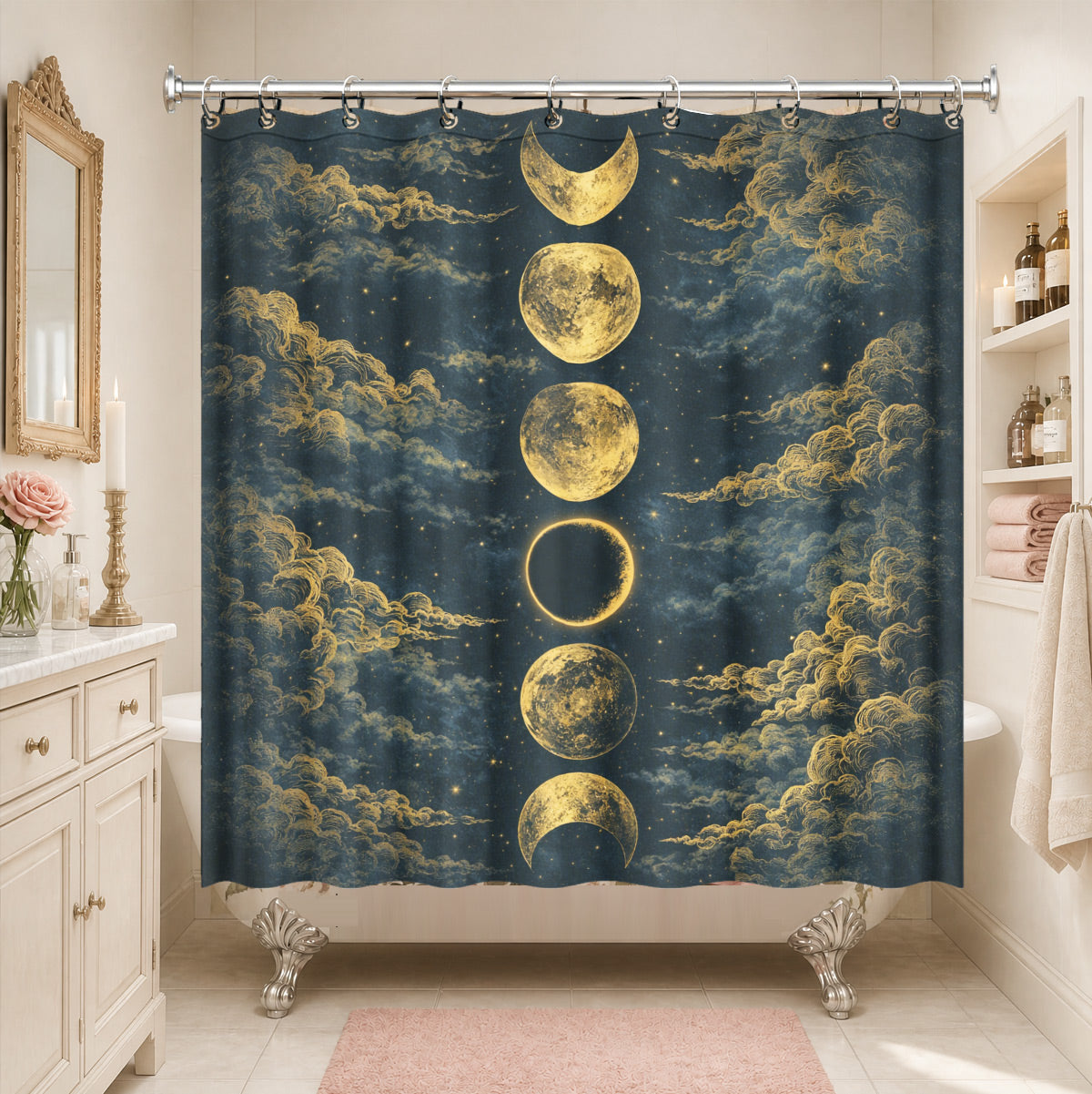 Vintage Celestial Shower Curtain Gold Black Etched Art Waterproof Bathroom Decor