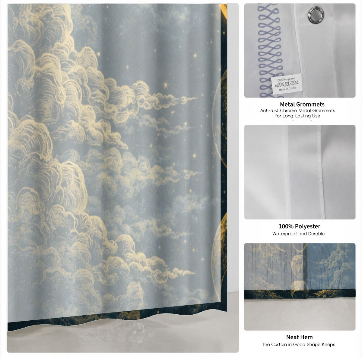 Vintage Celestial Shower Curtain Gold Black Etched Art Waterproof Bathroom Decor