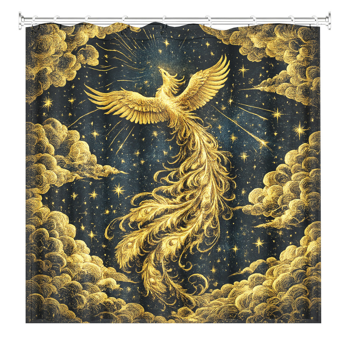 Vintage Celestial Shower Curtain Gold Black Etched Art Waterproof Bathroom Decor