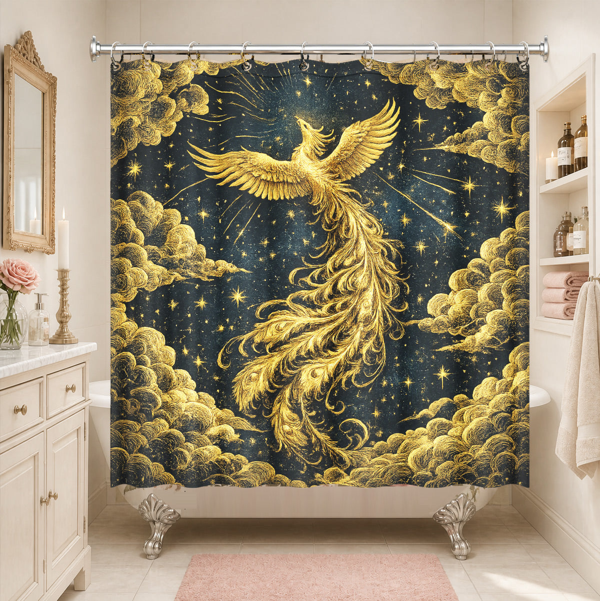 Vintage Celestial Shower Curtain Gold Black Etched Art Waterproof Bathroom Decor