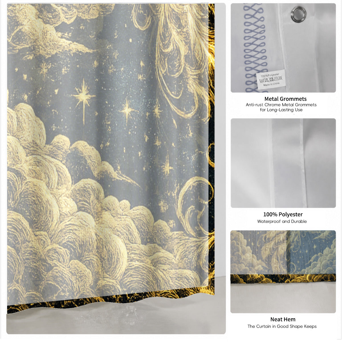 Vintage Celestial Shower Curtain Gold Black Etched Art Waterproof Bathroom Decor
