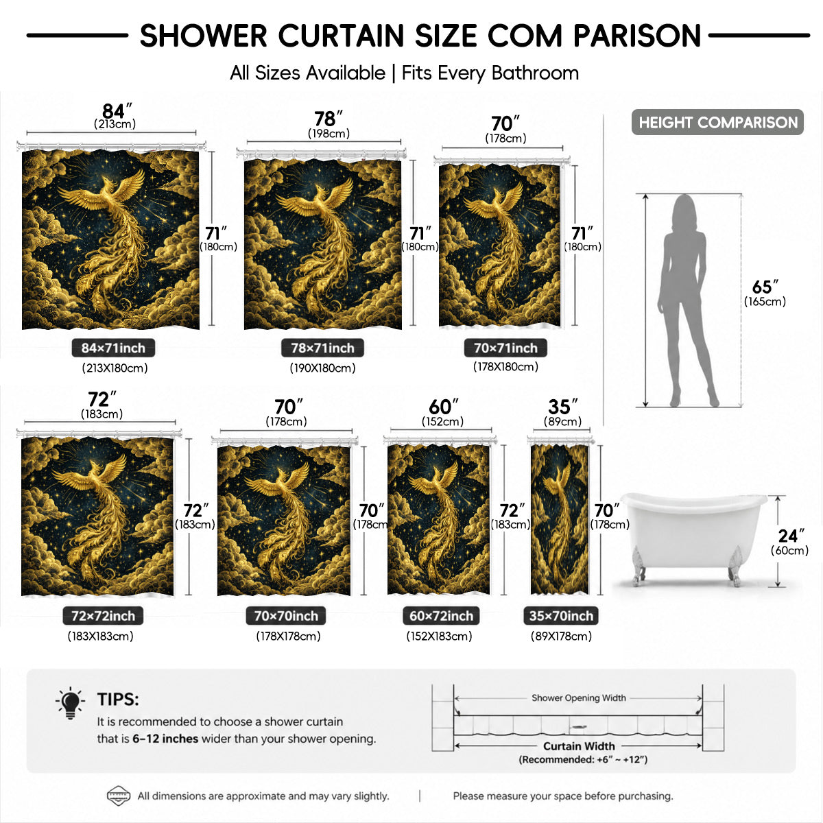 Vintage Celestial Shower Curtain Gold Black Etched Art Waterproof Bathroom Decor