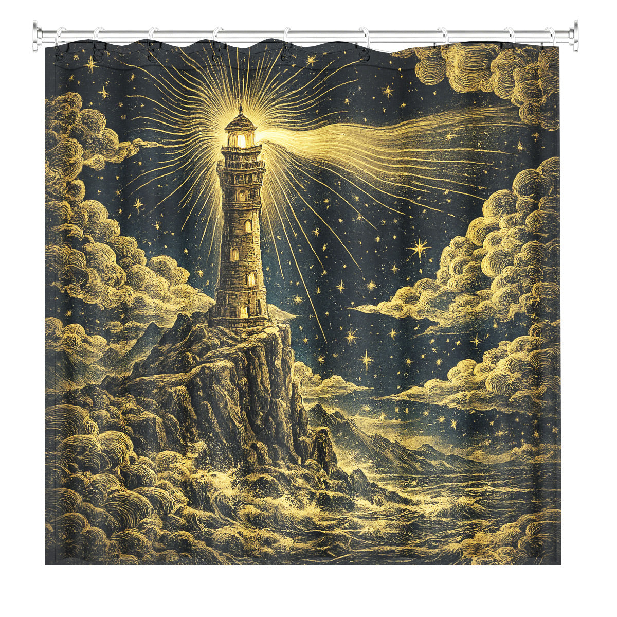 Vintage Celestial Shower Curtain Gold Black Etched Art Waterproof Bathroom Decor