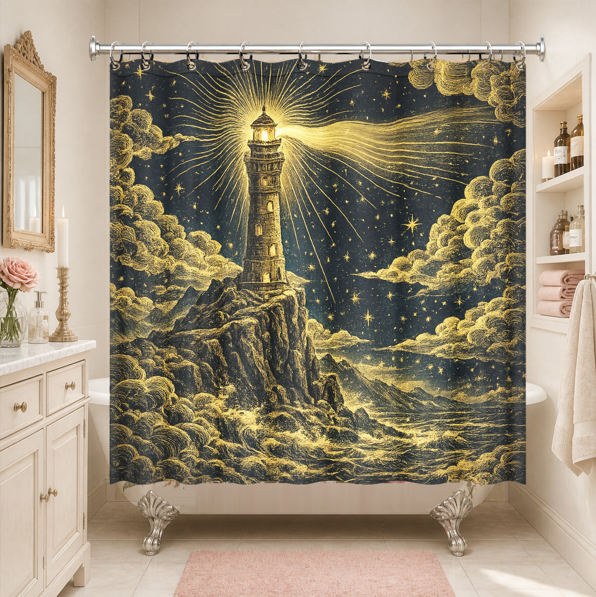 Vintage Celestial Shower Curtain Gold Black Etched Art Waterproof Bathroom Decor