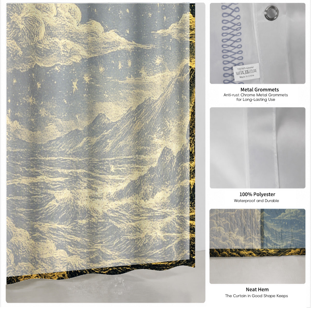 Vintage Celestial Shower Curtain Gold Black Etched Art Waterproof Bathroom Decor