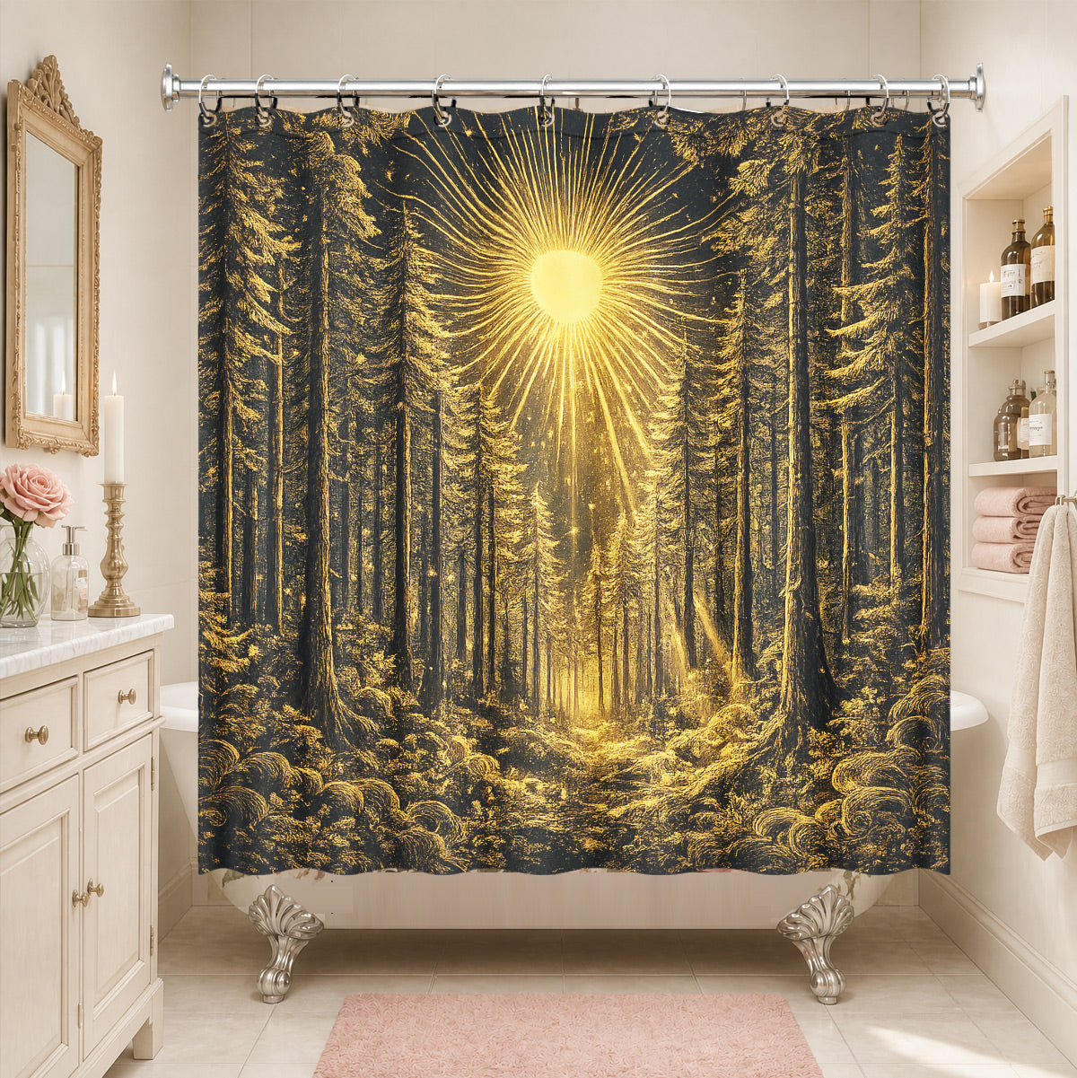 Vintage Celestial Shower Curtain Gold Black Etched Art Waterproof Bathroom Decor
