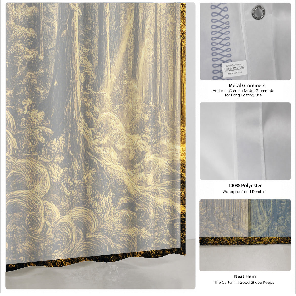 Vintage Celestial Shower Curtain Gold Black Etched Art Waterproof Bathroom Decor