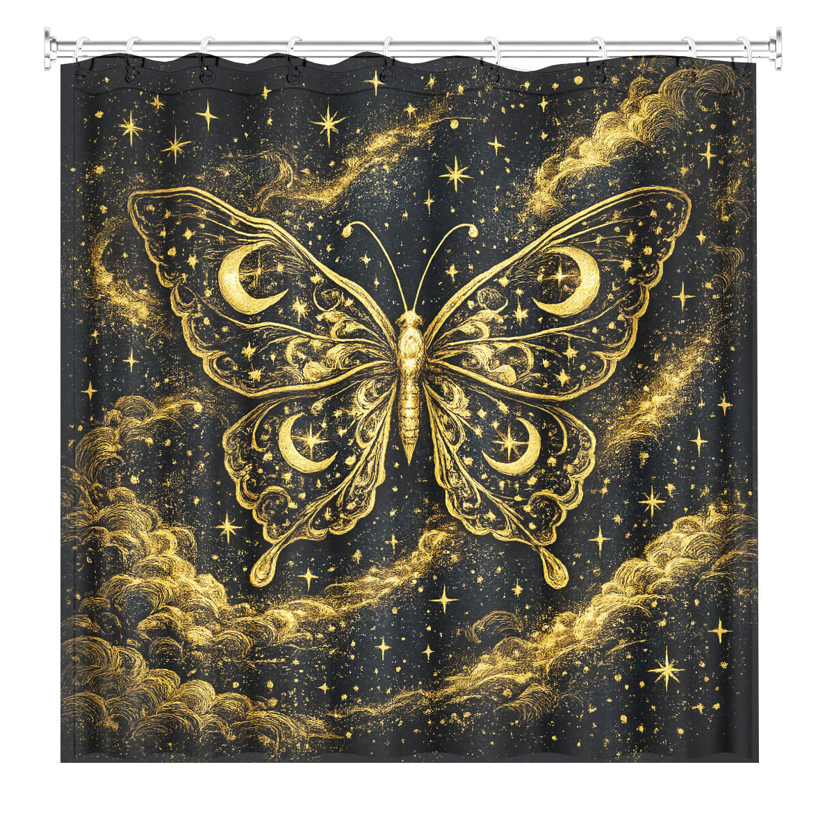 Vintage Celestial Shower Curtain Gold Black Etched Art Waterproof Bathroom Decor
