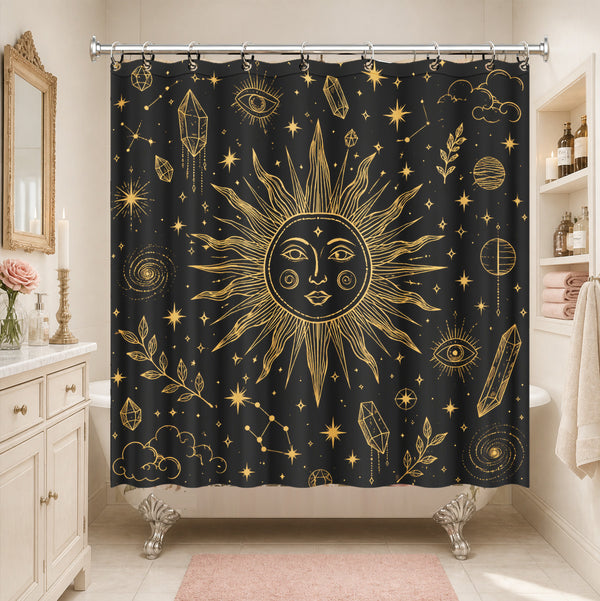 Black Gold Celestial Shower Curtain Witchy Dark Academia Bath Decor